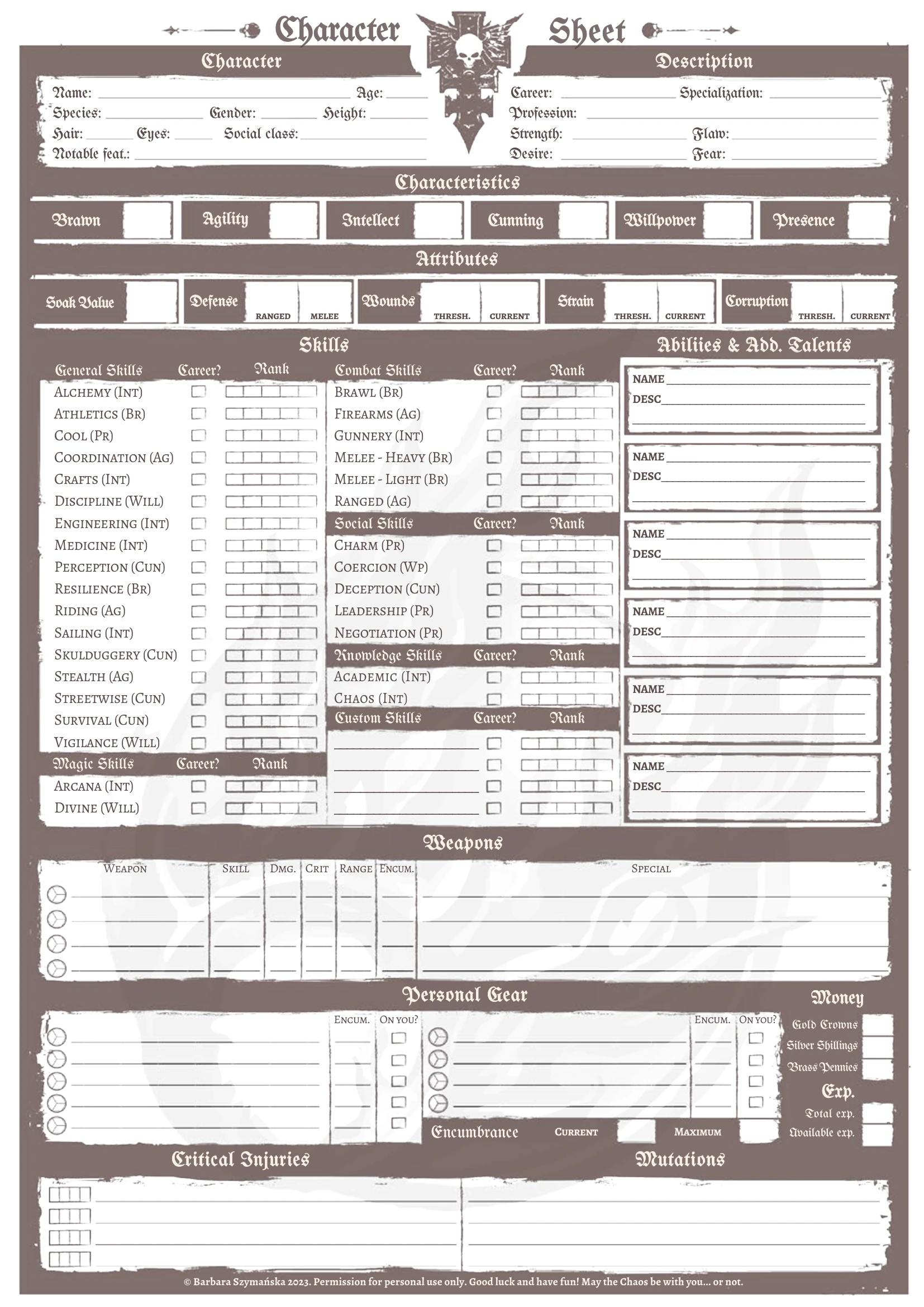 Character sheet from the rulebook